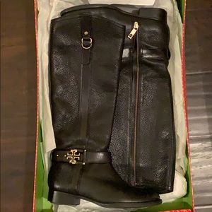 Tory Burch black leather riding boot w/gold detail
